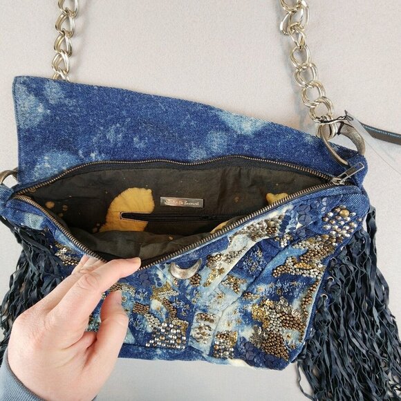 Cecilia De Bucourt Harrow Studded Denim Hobo Tote Distressed Leather Fringe‎ NEW - Picture 13 of 16